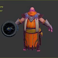 Bald Head Game Movie Character With Orange Scarf And Robe Holding Shield With Yellow Ornament