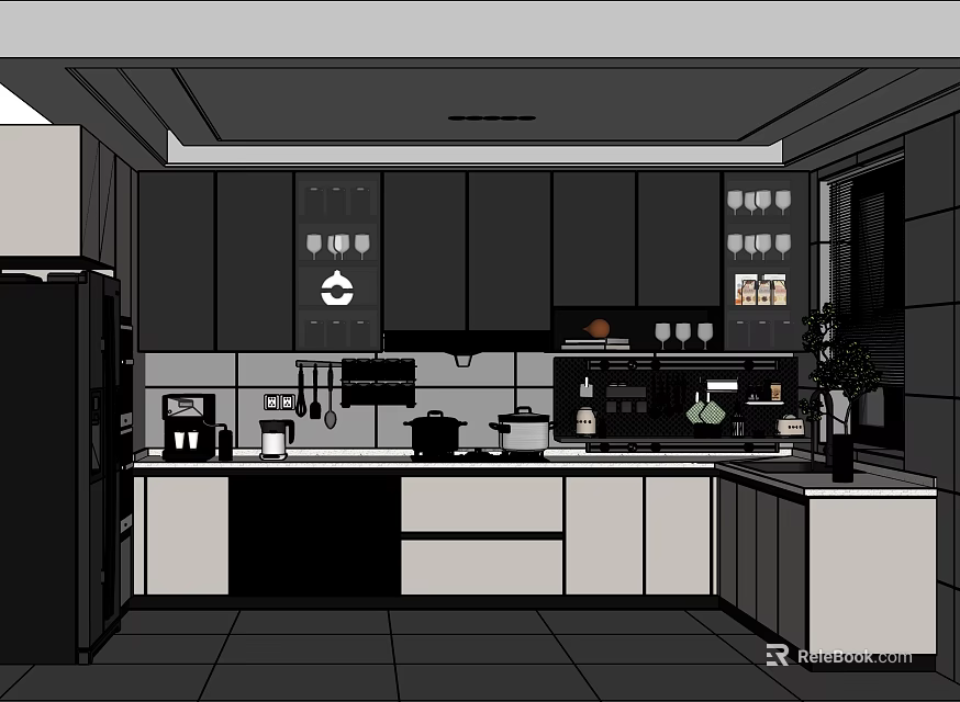 Modern Kitchen Interior With Dark Cabinets Light Countertops Utensils And Appliances 3d model 