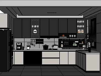 Modern Kitchen Interior With Dark Cabinets Light Countertops Utensils And Appliances 3d model