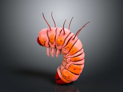 3D Rendered Pink And Orange Caterpillar With Segmented Body Red Spiky Structures Curved Gray Background 3d model
