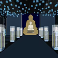 Buddha Statue Exhibition Hall With Blue Lantern Ceiling And Reflective Floor