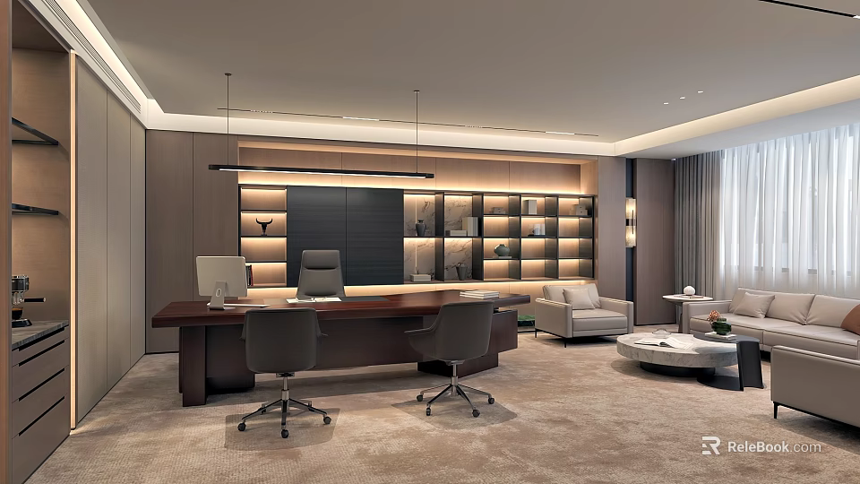 Modern Luxurious Office Interior With Large Wooden Desk Two Chairs Shelves And Sofa Area 3d model 