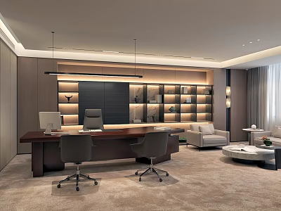 Modern Luxurious Office Interior With Large Wooden Desk Two Chairs Shelves And Sofa Area 3d model