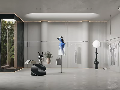 Modern Clothing Store Interior With Fashion Mannequin Displayed Outfits And Floor Lamp 3d model