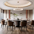 New Chinese Dining Box Large Round Table Solid Wood Dining Chair End View Table Crystal Chandelier Round Chandelier New Chinese Background Wall Potted Tableware 3d model