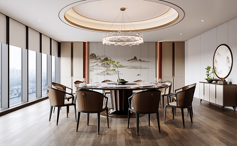 New Chinese Dining Box Large Round Table Solid Wood Dining Chair End View Table Crystal Chandelier Round Chandelier New Chinese Background Wall Potted Tableware 3d model