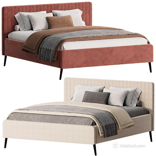 Stylish Double Beds With Red And Beige Frames Decorative Pillows And Soft Blankets 3d model