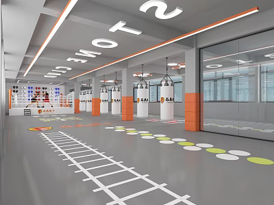 Modern Fitness Gym Interior With Multiple Punching Bags Training Markers And Mirror Walls 3d model