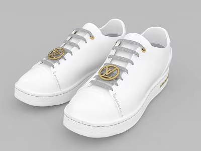 Stylish White Leather Sneakers With Gray Laces And Gold Emblems 3d model