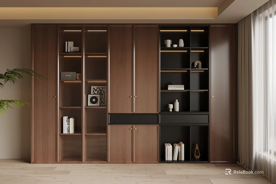 Contemporary Dark Wood Bookcase With Open Shelves Closed Cabinets And Decorative Items 3d model 