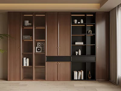 Contemporary Dark Wood Bookcase With Open Shelves Closed Cabinets And Decorative Items 3d model