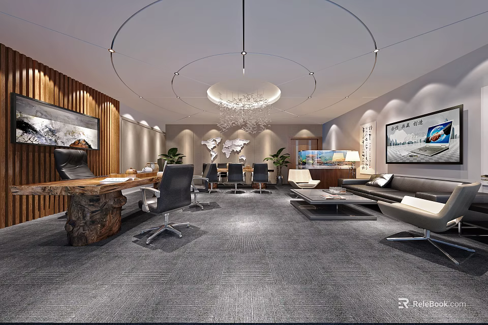 Modern Office Interior Design With Wooden Desk Leather Chairs Gray Carpet And Chandelier 3d model 