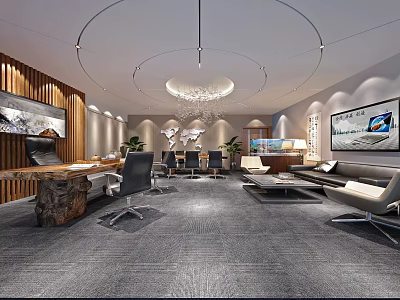 Modern Office Interior Design With Wooden Desk Leather Chairs Gray Carpet And Chandelier 3d model