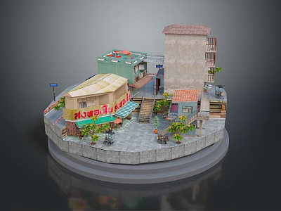 Detailed Miniature Town Scene With Various Buildings Stairs Plants And Street Lamps 3d model