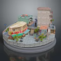 Detailed Miniature Town Scene With Various Buildings Stairs Plants And Street Lamps