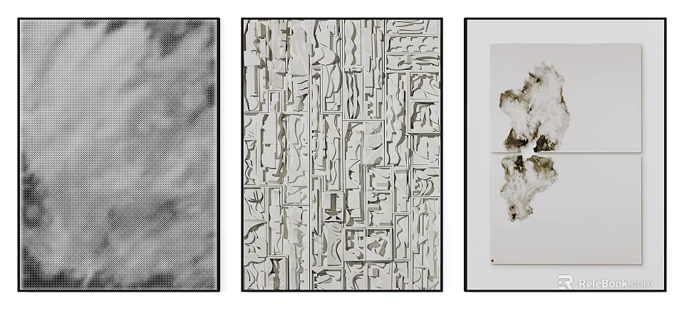 Three Abstract Geometric Pattern Artworks And Ink Painting Wall Decor 3d model