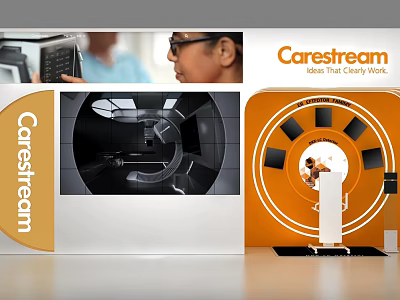 Carestream Exhibition Island Showcasing Medical Equipment With Staff And Digital Screens 3d model
