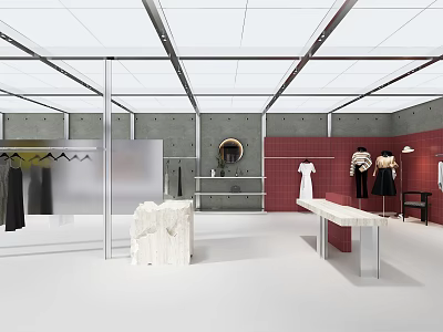 Modern Clothing Store Interior With Hanging Clothes Marble Counters Display Tables And Mirror 3d model