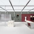 Modern Clothing Store Interior With Hanging Clothes Marble Counters Display Tables And Mirror