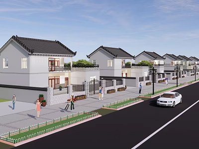 Chinese Style Houses With White Exteriors Black Roofs Neatly Arranged Along Street With Pedestrians And Car 3d model