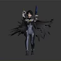 3D Anime Character With Black Wings Blue Outfit And Weapon In Dynamic Pose