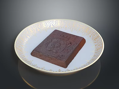 Decadent Chocolate Cake Served On Ornate White Plate With Gold Patterns 3d model