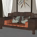 Traditional Carved Dark Wooden Two Seater Sofa With Orange Cushion Curtains And Feather Painting