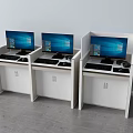 Three White Office Desks With Computer Monitors Keyboards Mice And Cabinets 3d model