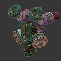 3D Mechanical Model With Multiple Circular Rings Green Accents Curved Pipes And Metallic Structure