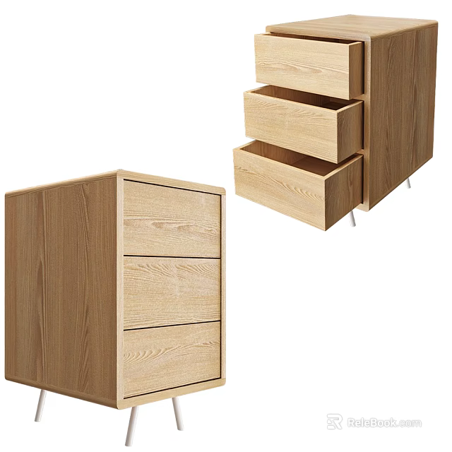 Light Wood Bedside Cabinet With Three Drawers And Simple Modern Design Style 3d model 