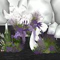 Elegant White Sculpture Decorated With Purple Flowers And Green Plants