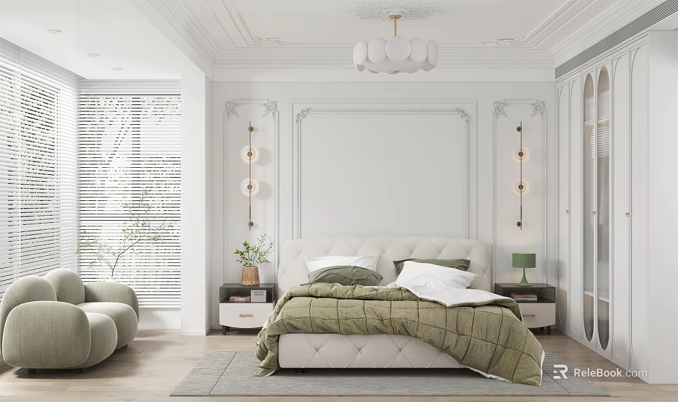 Modern Bedroom Interior Design With White Wainscoting Chandelier Green Bedding Nightstands And Armchair 3d model 