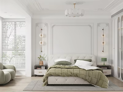 Modern Bedroom Interior Design With White Wainscoting Chandelier Green Bedding Nightstands And Armchair 3d model