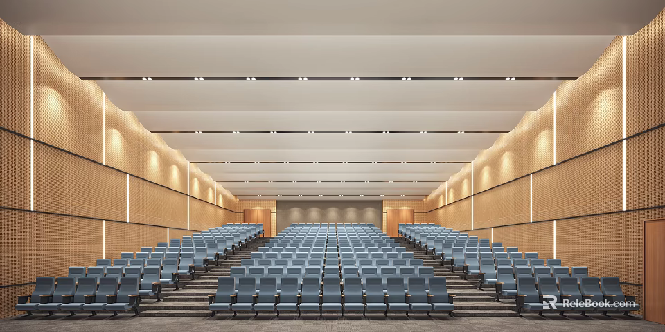 Spacious Conference Room With Rows Of Blue Seats Wooden Walls Ceiling Lights And Stage Area 3d model 