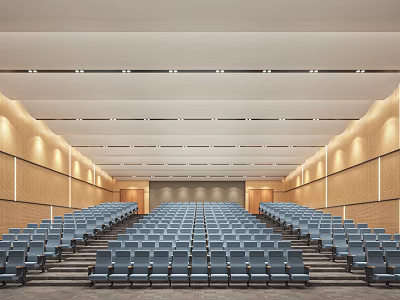 Spacious Conference Room With Rows Of Blue Seats Wooden Walls Ceiling Lights And Stage Area 3d model