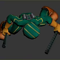 Green And Yellow Striped Cartoon Character In Bodysuit With Helmet Holding Stick And Orange Boots