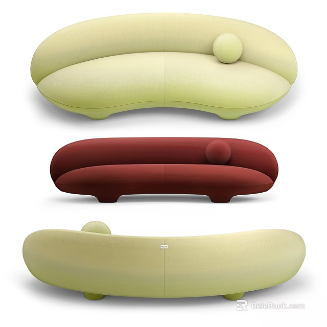 Modern Curved Sofa Design In Light Green Red With Round Cushion 3d model