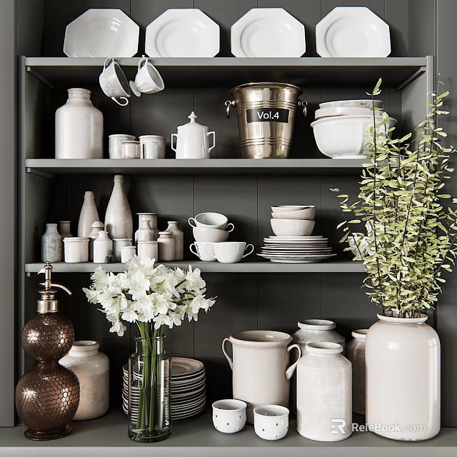 Organized Kitchen Shelves Displaying White Cups Jars Plates Metal Bucket And Green Plant Decor 3d model 
