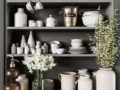 Organized Kitchen Shelves Displaying White Cups Jars Plates Metal Bucket And Green Plant Decor 3d model