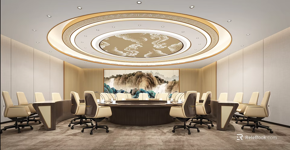 Elegant Chinese Style Conference Room With Circular Ceiling Round Table And Surrounding Chairs 3d model 