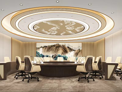 Elegant Chinese Style Conference Room With Circular Ceiling Round Table And Surrounding Chairs 3d model
