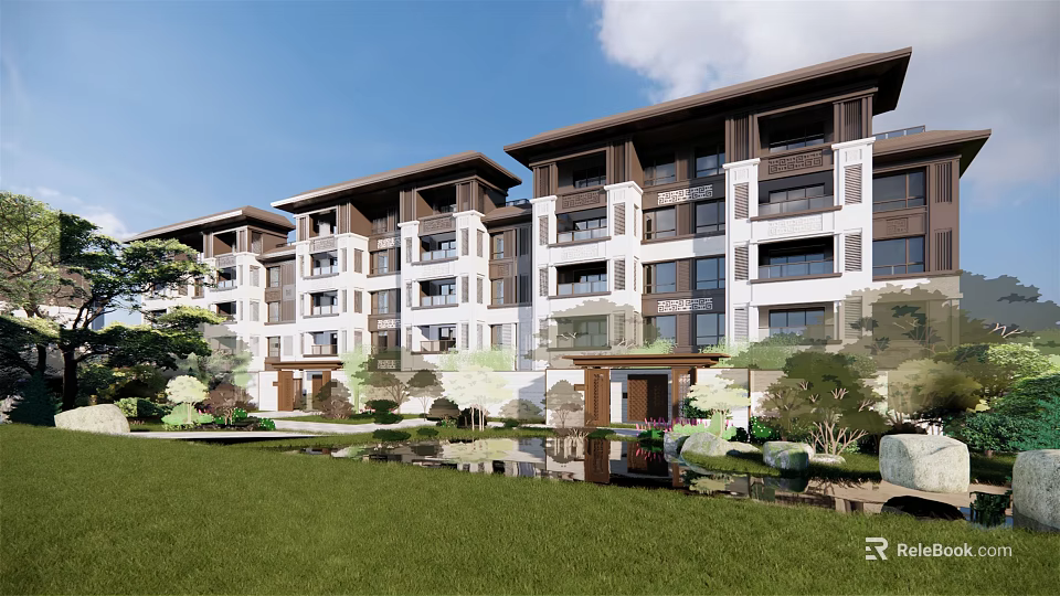 Modern Townhouse Exterior Design With Multi Story Architecture Lush Greenery And Water Feature 3d model 