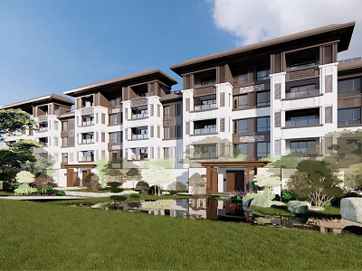 Modern Townhouse Exterior Design With Multi Story Architecture Lush Greenery And Water Feature 3d model