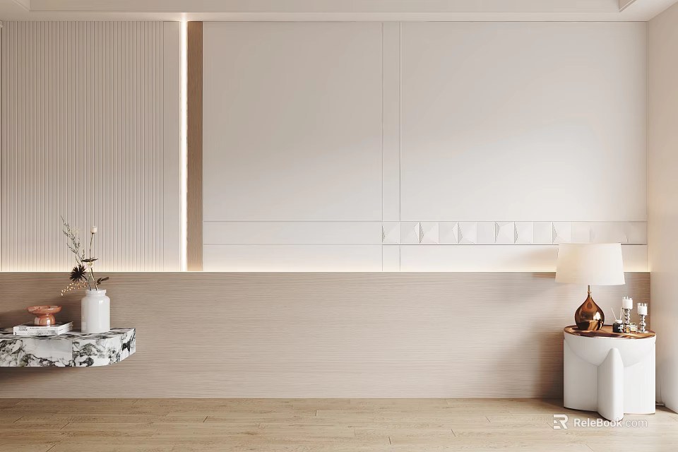 Modern Minimalist Bedroom Accent Wall With White Beige Wooden Trim Decorative Shelf And Table Lamp 3d model 