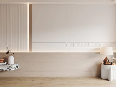 Modern Minimalist Bedroom Accent Wall With White Beige Wooden Trim Decorative Shelf And Table Lamp 3d model