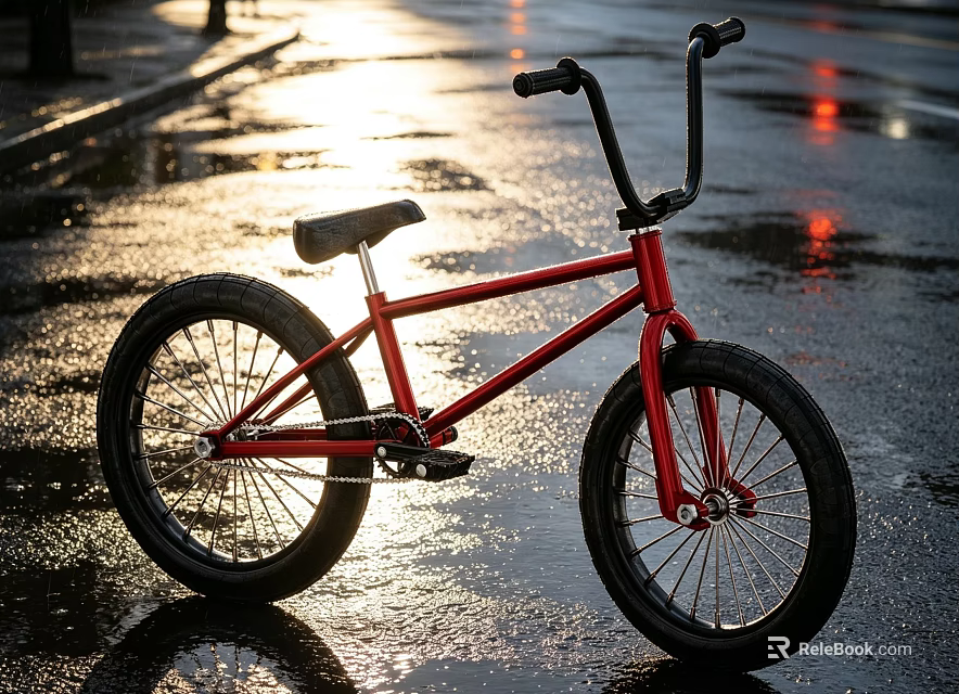 Shiny Red BMX Bike Parked On Wet Urban Road With Sunlight Reflections After Rain 3d model 