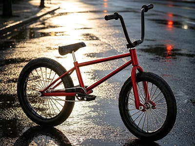 Shiny Red BMX Bike Parked On Wet Urban Road With Sunlight Reflections After Rain 3d model