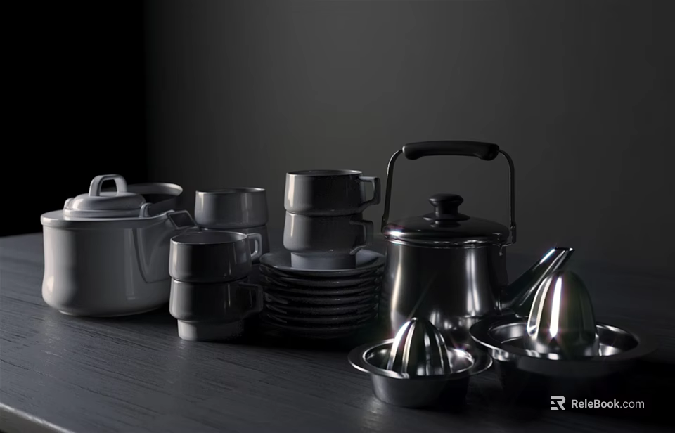 Modern Silver Tea Set with Teapot Cups Plates on Dark Tabletop Black Background 3d model 