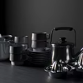Modern Silver Tea Set with Teapot Cups Plates on Dark Tabletop Black Background 3d model