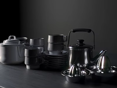 Modern Silver Tea Set with Teapot Cups Plates on Dark Tabletop Black Background 3d model